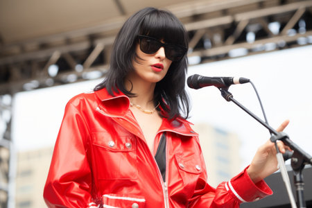 Young woman singer dj mixing music singing song concert musical party evening rave cheerful expressive student female studio sound operator playing fun headphones audio turntable girl dancing eventの素材