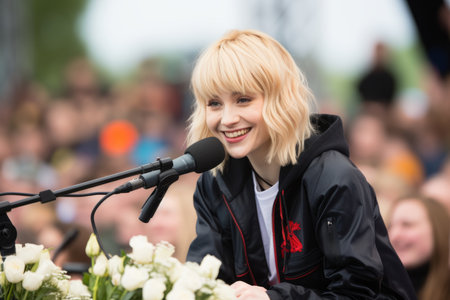 Young woman singer dj mixing music singing song concert musical party evening rave cheerful expressive student female studio sound operator playing fun headphones audio turntable girl dancing eventの素材