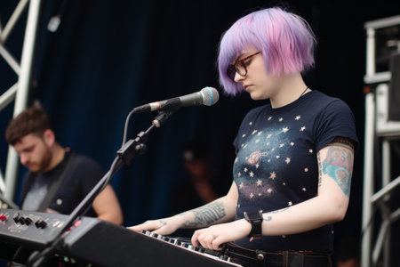 Young woman singer dj mixing music singing song concert musical party evening rave cheerful expressive student female studio sound operator playing fun headphones audio turntable girl dancing eventの素材