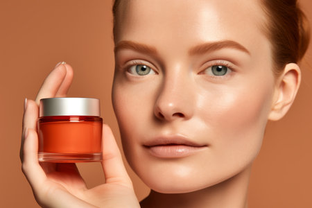 Beautiful young european woman holds jar with skincare cream morning routine female lady takes care skin beauty moisturizer cosmetics cosmetology face applying facial serum smooth natural skin make-upの素材