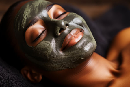 Beautiful young woman facial mask clay charcoal skincare female lady taking care skin beauty moisturizing cream moisturizer cosmetics cosmetology relaxed face facial serum smooth natural skin make-upの素材