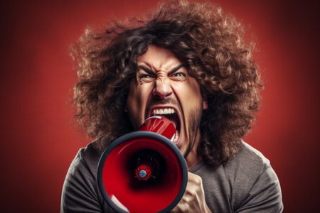 Young angry european man shouting to megaphone phone makes loud announcement adult male voice advertisement ad screaming microphone mouth speech anger furious person arguing authority opinion speakerの素材