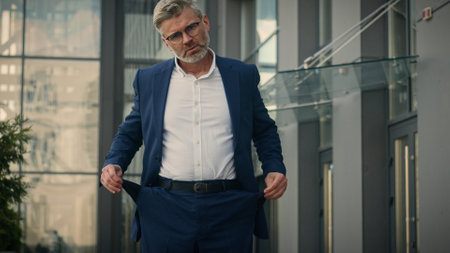 Caucasian mature sad senior business man show turn empty pants pockets bankrupt no money poverty global financial crisis lack of finance employer upset entrepreneur bankruptcy debt in city outdoorsの写真素材