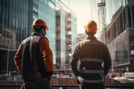 Two construction building men workers in hardhats builders engineers inspect discuss engineering projects looking at building construction company sites in safety measures helmets modern skyscraperの素材