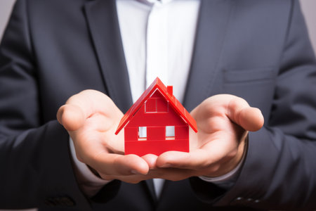 Real estate agent hands holding house model insurance businessman investing private property mortgage home house rent investment apartment for sale flat savings fund business owner landlord marketの素材