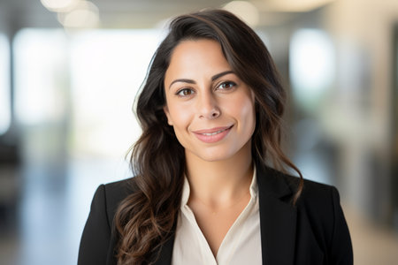 Corporate portrait woman caucasian confident businesswoman posing in office company indoors hands crossed smiling toothy successful top manager female girl employer business leader looking at cameraの素材