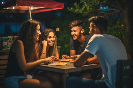 Smiling laughing friends students colleagues businessmen meeting friendly dialogue diversity talking working together partnership communication friendship have dinner eat evening night cafe restaurantの素材