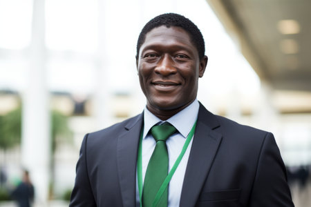 Smiling African American man guy businessman business assistant person office employee company manager entrepreneur job advisor startup analyst CEO employer marketing specialist finance stock investorの素材