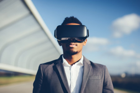 African american man guy businessman computer technology male VR headset virtual reality goggles exploration metaverse modern advanced tech future playing cyber game experience gaming backgroundの素材