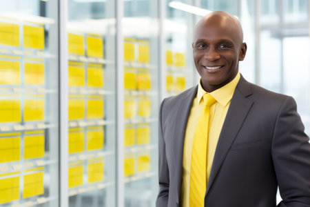Smiling African American man guy businessman business assistant person office employee company manager entrepreneur job advisor startup analyst CEO employer marketing specialist finance stock investorの素材