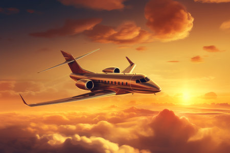 Luxury business jet plane airplane private jet during flight fast luxurious transportation success journey wealth fly flying evening sky sunset gold golden horizon sun clouds landing style stylishの素材
