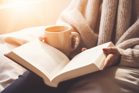 Close up unrecognizable girl woman reading book in cozy bed bedroom with warm coffee cup tea cocoa mug relaxation comfort read novel hobby relaxing in morning sunny room learning studying at homeの素材
