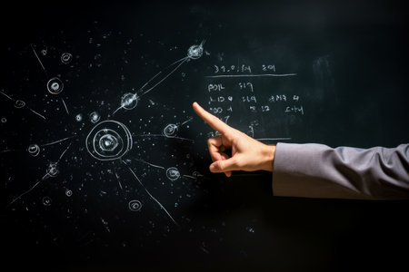 Educational lesson in school university class teacher hand fingers shows formulas drawings modern scientific plans conceptions theories. Hands finger show on chalkboard blackboard learning processの素材