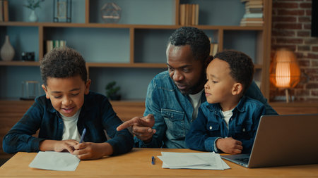Single parent African American father man babysitter private teacher with two boys kids children...