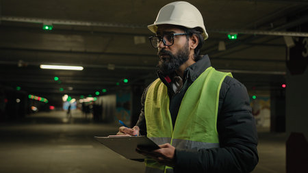 Indian contractor mechanic in helmet and glasses writing in paper examination parking lot write in...