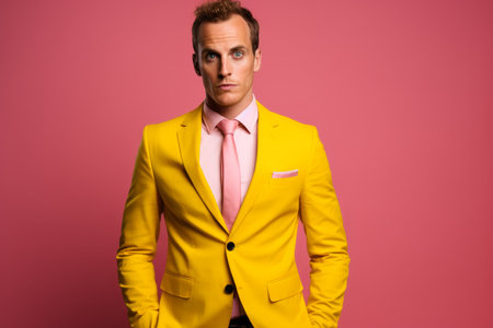 Confident handsome Caucasian stylish rich man professional guy male model in trendy yellow suit successful businessman CEO isolated against pink wall background backdrop style fashion business successの素材