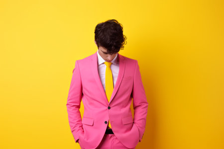 Confident handsome Caucasian stylish rich man professional guy male model in trendy pink suit successful businessman CEO isolated against yellow wall background backdrop style fashion business successの素材
