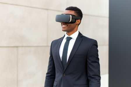 African american man guy businessman computer technology male VR headset virtual reality goggles exploration metaverse modern advanced tech future playing cyber game experience gaming backgroundの素材