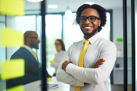 Smiling African American man guy businessman business assistant person office employee company manager entrepreneur job advisor startup analyst CEO employer marketing specialist finance stock investorの素材
