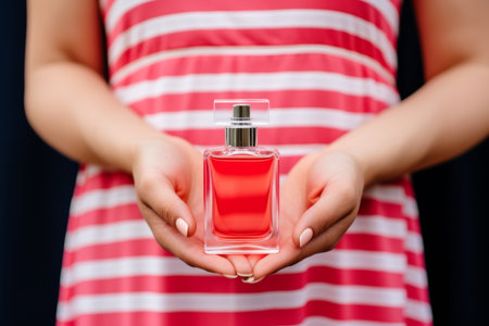 Young woman with bottle of perfume aromatic liquid luxurious spray female beauty fashion style transparent glass bottled cosmetics aroma make-up beautiful stylish girl hand spraying applying perfumeの素材
