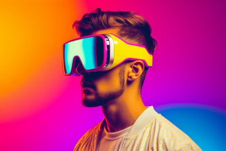 European man guy student use computer technology male wear VR headset virtual reality goggles exploration metaverse modern advanced tech future progress playing cyber game experience gaming backgroundの素材