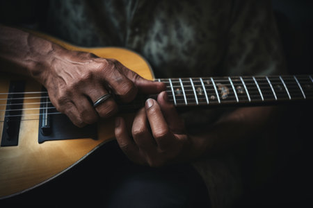 Talented unrecognizable male artist African-American musician close up male hands playing guitar fingers touching strings chords notes musical performance concert instrumental music sound bassist guyの素材
