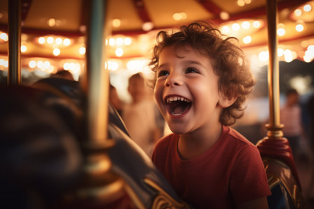 Joyful happy child boy cute carefree amazed excited little kid son preschool baby laughing European Caucasian toddler riding carousel amusement park holiday summer vacation family having fun childhoodの素材