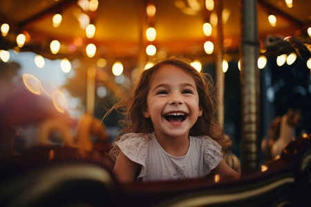 Joyful happy child girl cute carefree amazed excited little kid preschool baby laughing European Caucasian daughter riding carousel amusement park holiday summer vacation family having fun childhoodの素材
