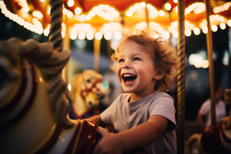 Joyful happy child boy cute carefree amazed excited little kid son preschool baby laughing European Caucasian toddler riding carousel amusement park holiday summer vacation family having fun childhoodの素材