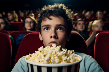 Shocked astonished thrilled teenager holding popcorn in cinema young boy watching movie snack full cinema hall concentrationの素材