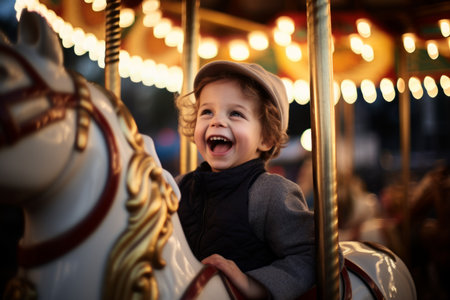 Joyful happy child boy cute carefree amazed excited little kid son preschool baby laughing European Caucasian toddler riding carousel amusement park holiday summer vacation family having fun childhoodの素材