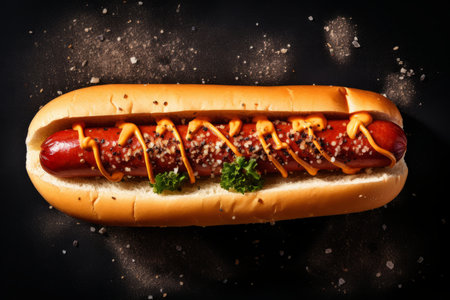 Spicy American hot dog street fast food junk sausage with bread ketchup mustard sauce unhealthy nutrition advertisement ad advertising dinner gourmet tasty delicious restaurant bistro delivery serviceの素材