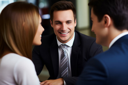 Smiling laughing colleagues businessmen businesswomen meeting discuss friendly dialogue cooperation strategy brainstorm planning business diversity talking working together partnership communicationの素材