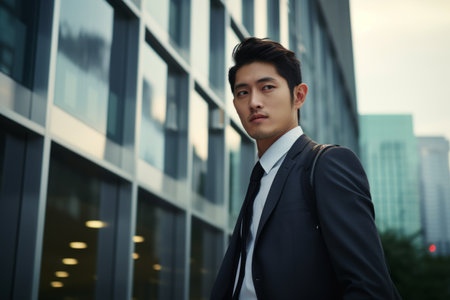 Young serious businessman Korean Japanese banker modern worker man Asian guy in business suit Chinese entrepreneur male CEO employer consultant standing in front off office company building outdoorsの素材
