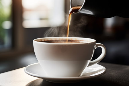 Pouring coffee streaming fresh white cup of hot aroma cappuccino americano espresso latte steam smoke on table morning breakfast drinking tasty drink flowing stream cafeteria cafe restaurant caffeineの素材