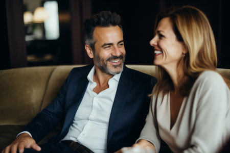 Smiling laughing colleagues businessmen businesswomen meeting discuss friendly dialogue cooperation strategy brainstorm planning business diversity talking working together partnership communicationの素材