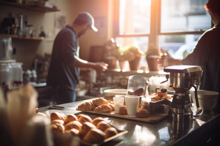 Small cozy cafe coffee shop bakery business enterprise interior sunny morning light proud happy barista offers cheap hot tasty cocoa latte cappuccino americano espresso croissants donuts to customersの素材