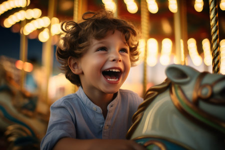 Joyful happy child boy cute carefree amazed excited little kid son preschool baby laughing European Caucasian toddler riding carousel amusement park holiday summer vacation family having fun childhoodの素材