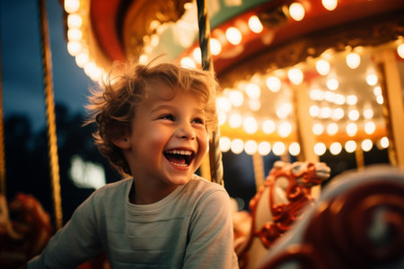Joyful happy child boy cute carefree amazed excited little kid son preschool baby laughing European Caucasian toddler riding carousel amusement park holiday summer vacation family having fun childhoodの素材