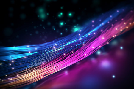 Colorful optic fiber electrical cables wires neon waves lines abstract 3d ai design background pattern glow colored streams information optical connection internet web multicolor data led technologyの素材