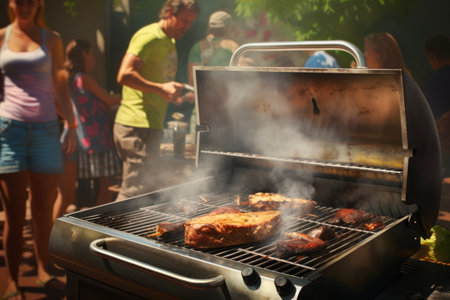 Tasty roasting meat beef steak BBQ grid grilling stripes ready for picnic celebration barbecue party outdoors people birthday summer celebration friends family grill food pork cooking delicious dishの素材