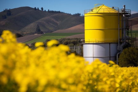 Biofuel storage green ecological biodiesel biogas gasoline gas fuel tanks grain silo tower wheat field agriculture chemical industry future consumption environmental ecology eco-friendly emissionsの素材