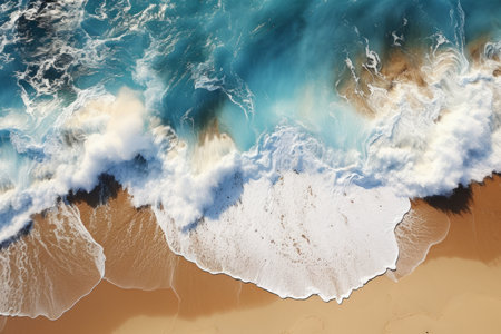 Top view of cold oceanic wave on beach shore ocean azure blue warm water with foam tide surf sea breeze beautiful nature summer turquoise foamy waves splash breaking on sandy coastline vacation travelの素材