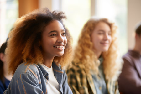 Female student young woman girl at table sit in class university high school college classroom during lesson lecture education studies study learning listening teacher professor teen pupil knowledgeの素材
