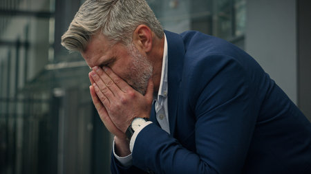 Caucasian sad upset business man senior mature stressed ill depressed businessman middle-aged gray...