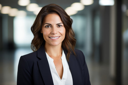 Corporate portrait woman caucasian confident businesswoman posing in office company indoors hands crossed smiling toothy successful top manager female girl employer business leader looking at cameraの素材