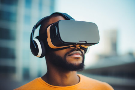 African american man guy student user computer technology male wear VR headset virtual reality goggles exploration metaverse modern tech future progress playing cyber game experience gaming backgroundの素材