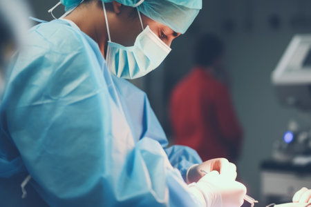 Young experienced surgeons performing operation saving patient life doctor surgeon duty surgery teamwork operating room modern medical equipment medicine technology pharmacy health care rescue urgencyの素材