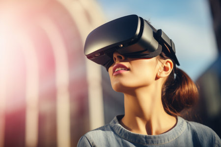 Woman girl student user computer technology female wearing VR headset virtual reality goggles exploration metaverse modern advanced tech future progress playing cyber game experience gaming outdoorsの素材