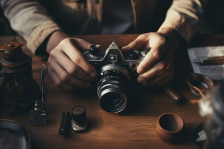 Close up male hands arms holding fixing old vintage camera hobby mechanical parts camera lens on table unrecognizable man repairman fix breaks it down into details photographer repair photo equipmentの素材